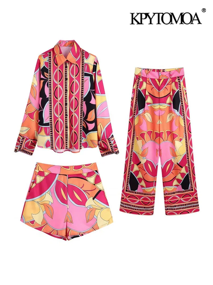 

KPYTOMOA Women Fashion Flowing Printed Shirts And High Waist Wide Leg Pants And Bermuda Shorts Female Sets Mujer