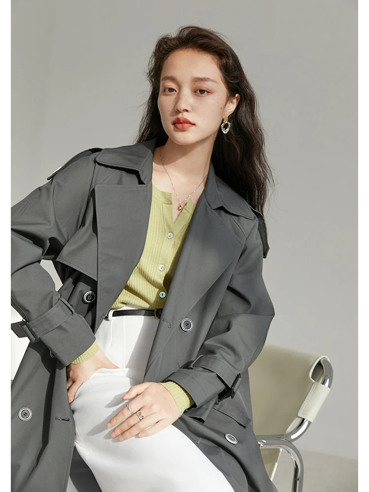 Женский однобортный Тренч FSLE однотонный офисный Повседневный с отложным