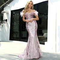 long mermaid prom dresses boat neck feather sleeve applique evening dresses backless sweep train draped sequined party gowns