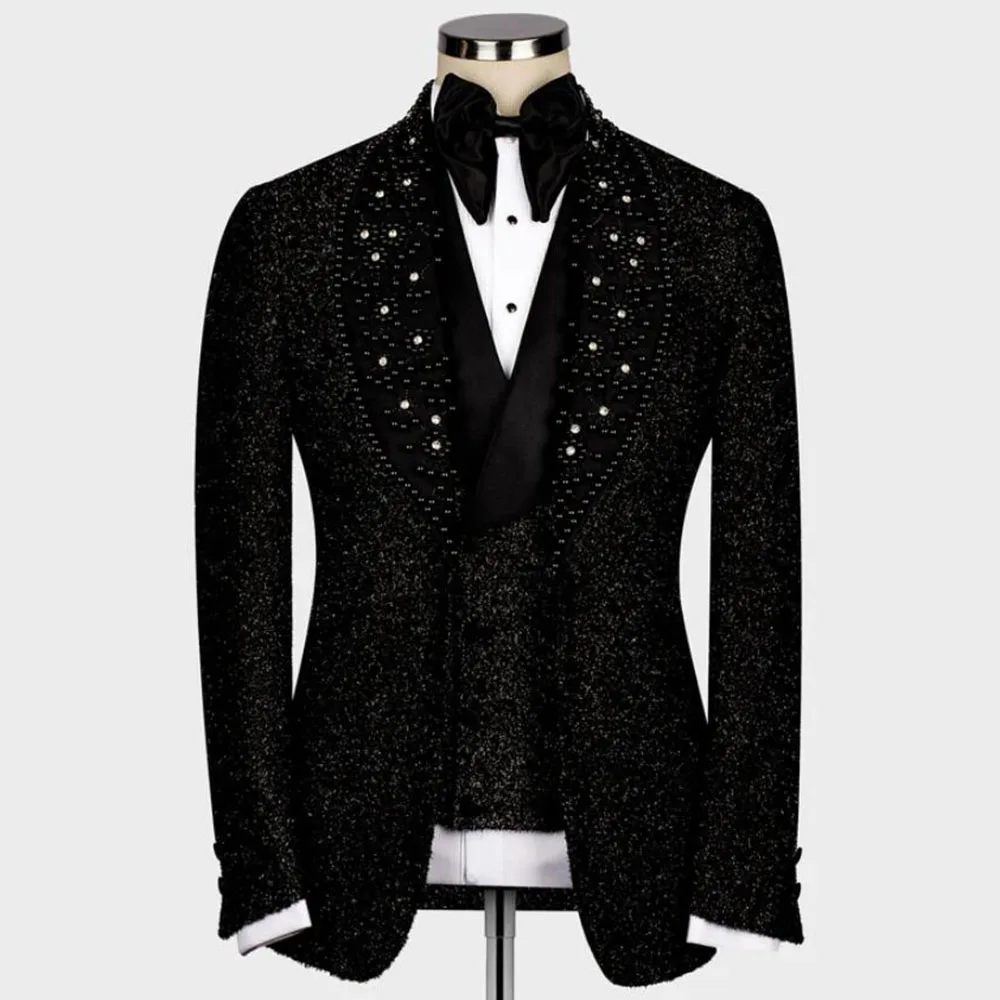 Блестящие черные костюмы мужские роскошные пиджаки с жемчугом и бисером