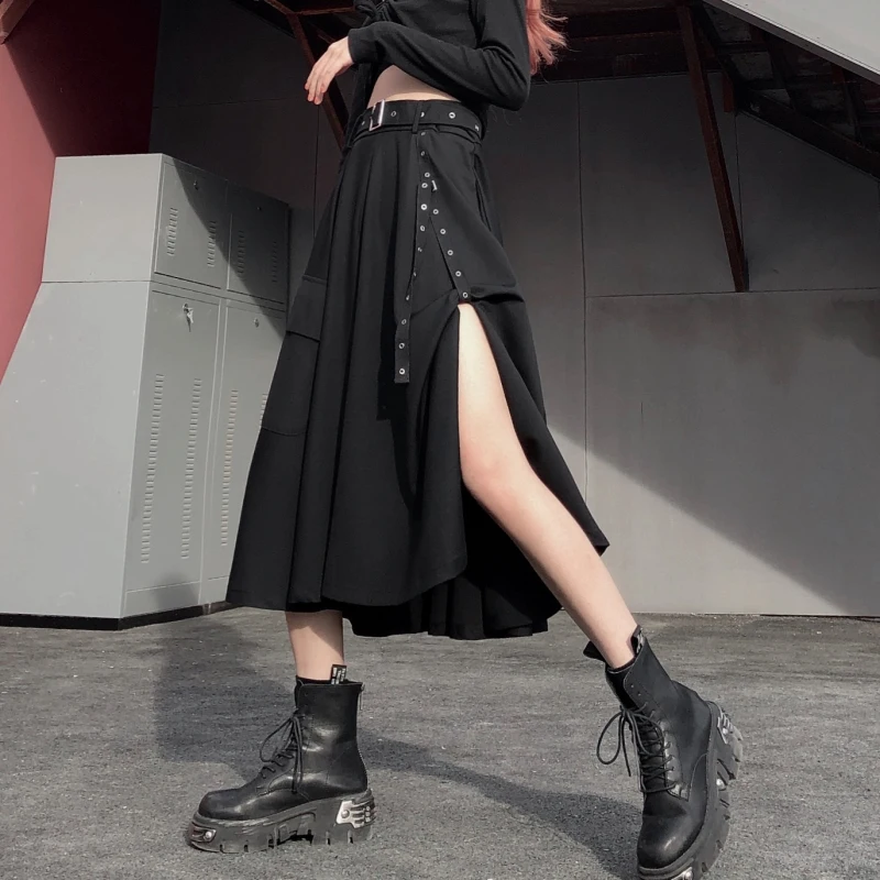 Черная винтажная готическая юбка Женская длинная с карманами в Корейском стиле