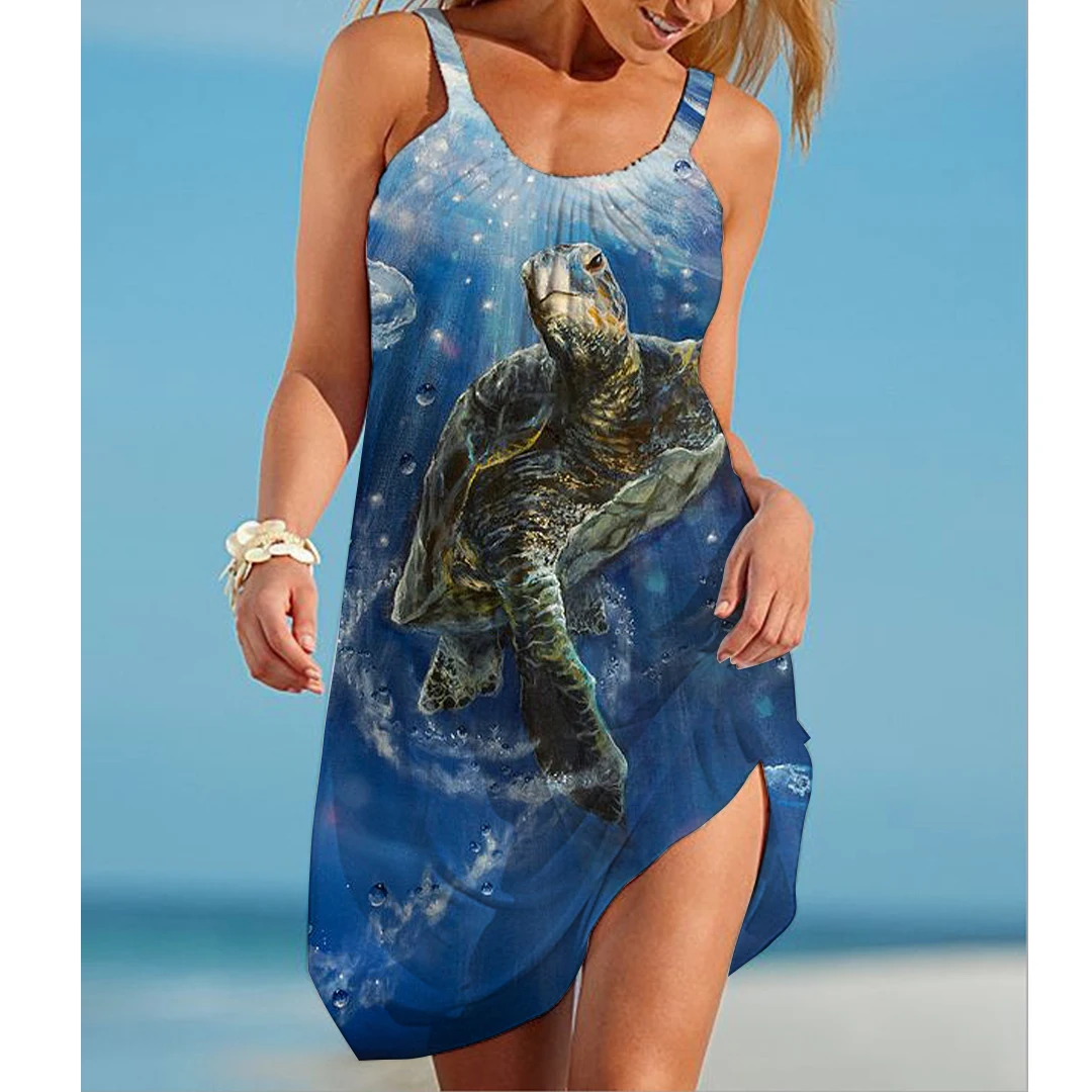 

Sea ​​turtle Print Gothic Dress Women Fashion Summer Strap Beach Dress Bohemian Sleeveles Party Y2k Dresses Elegant Sundress Hem