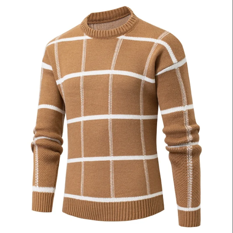 

Autumn Winter Men Sweater Loose Languid Lazy Wind Thickens Knitting Round Neck Sweater Men Checked Bottom Unlined Upper Garment