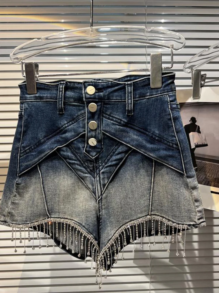 

HIGH STREET New Fashion Runway 2022 Designer Shorts Women's Casual Style Chains Beaded Gradient Wash Denim Shorts