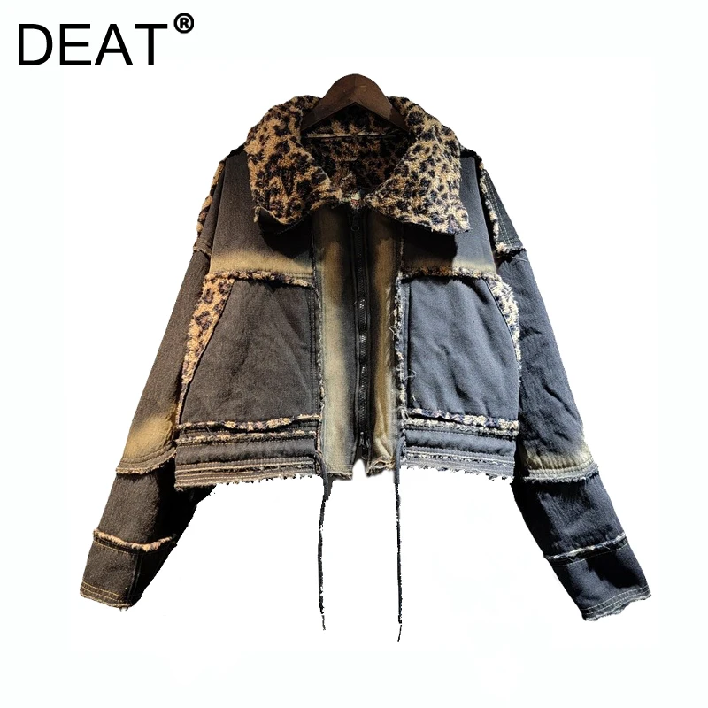 DEAT женское джинсовое пальто из плотного плюша с двусторонним леопардовым узором