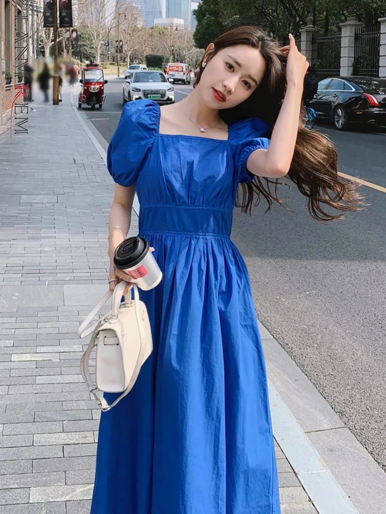 LANMREM Gathered Waist Dress For Women Square Collar Puff Sleeves Fashion Dresses Causal Female Clothes 2023 Summer New 2YA1575