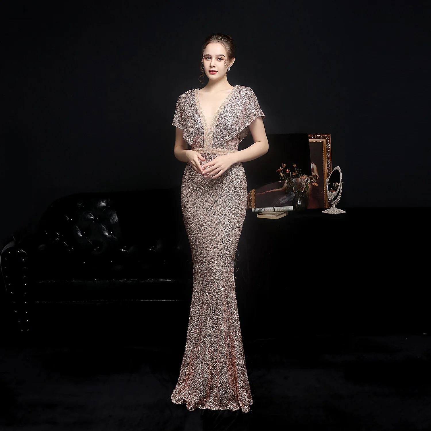 

S0001F 2023 New High -Quality Autumn Beads Fish Tail Banquet Elegant Temperament Annual Meeting Car Model Party Dress