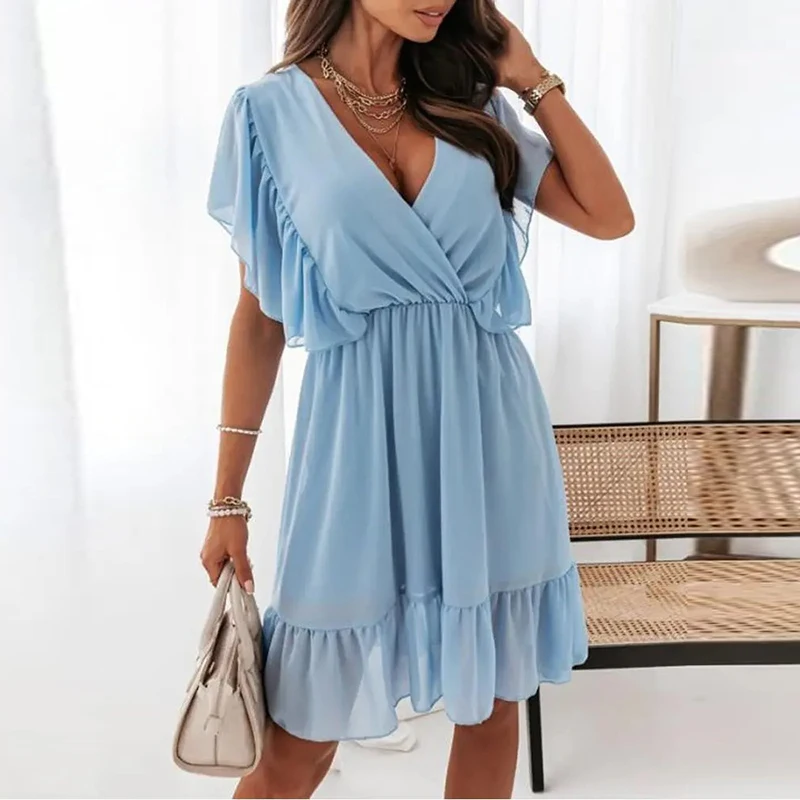 

Женское шифоновое платье в горошек, вечерние тажное праздничное платье-трапеция с коротким рукавом и V-образным вырезом, элегантное пляжное...