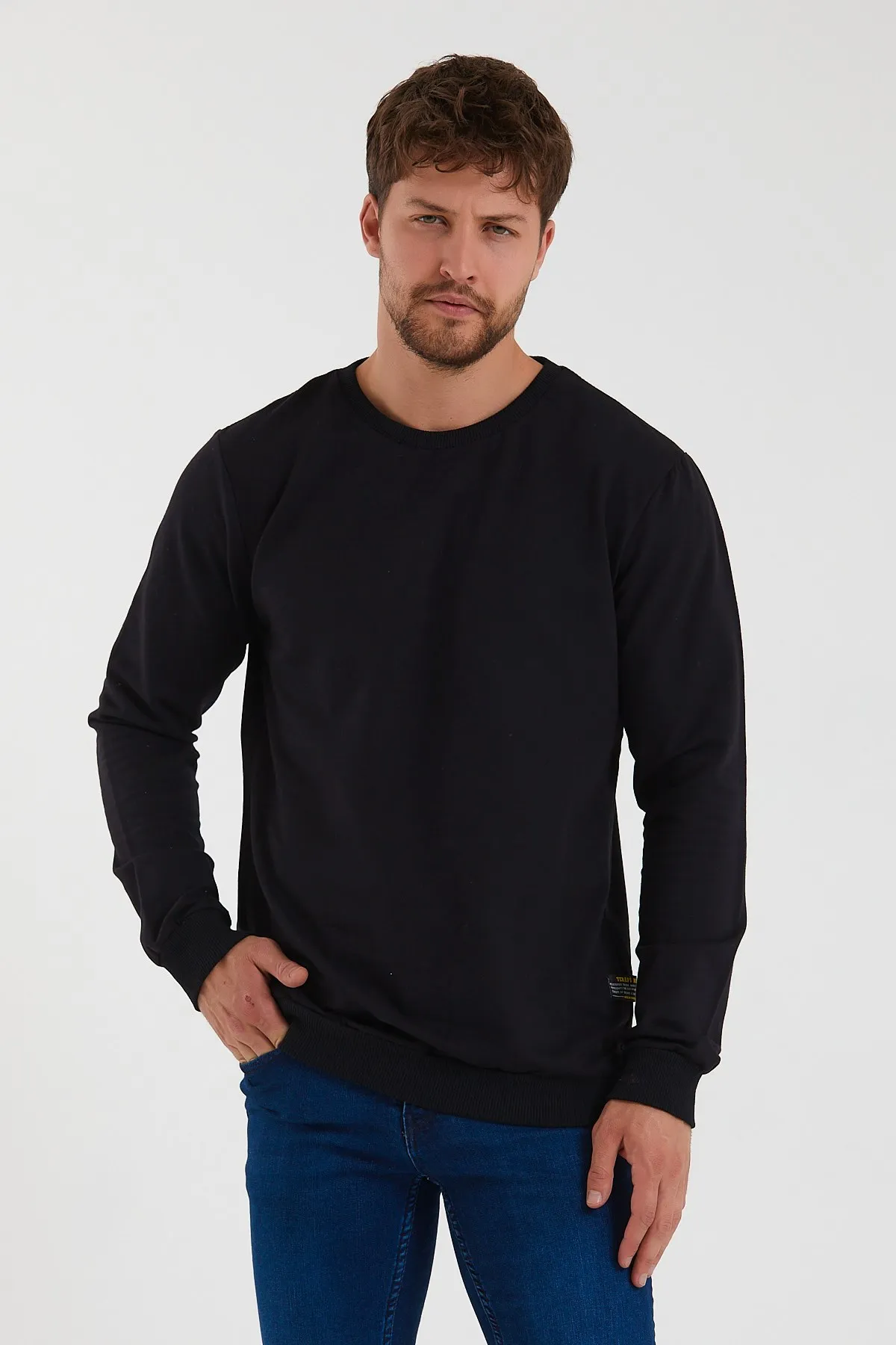 

Men's Black Cycling Collar Basic Cotton Sweatshirt 9Y-5200177-004-1