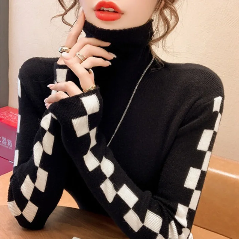 

Knitted Women Sweaters Autumn Winter 2023 New Temperament Versatile Long-sleeved Top Turtleneck Plaid Casual Women Sweater