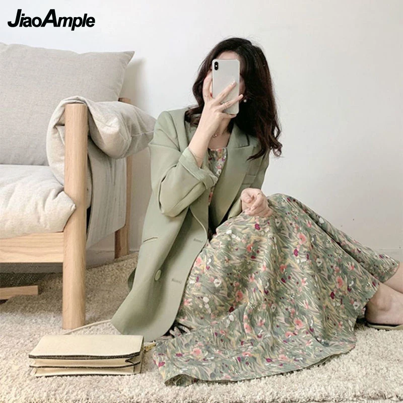 Женский офисный костюм из двух предметов элегантное платье с принтом и пальто