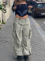 yikuo hippie baggy trousers women drawstring low waist casual joggers sweatpants big pockets streetwear wide leg cargo pants