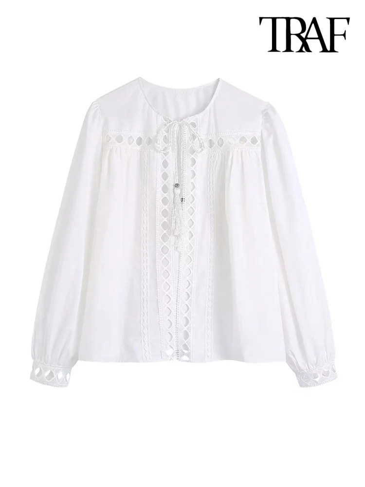 

TRAF Women Fashion With Cutwork Embroidery Asymmetric Blouses Vintage Long Sleeve Side Vents Female Shirts Blusas Chic Tops