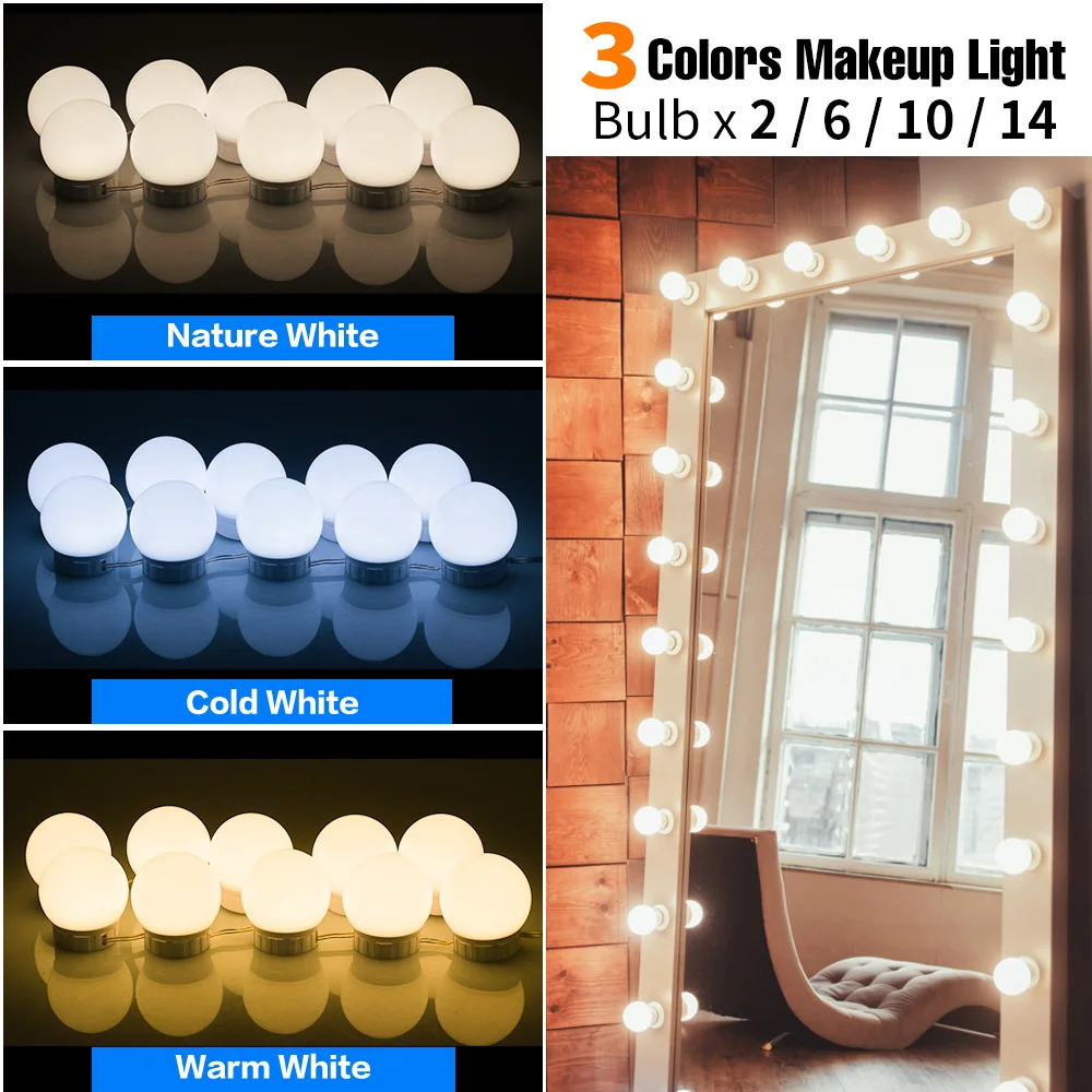 

LED Vanity Light Makeup Mirror USB Wall Lamp Hollywood Dressing Table Light Bathroom Mirrors Dimmable LED Lamp For Room Dressers