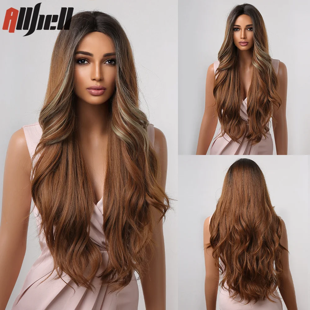

Long Golden Bronze Synthetic Wigs for Women Highlight Body Wave Middle Part Ombre Wigs Natural Hair Heat Resistant Daily Cosplay