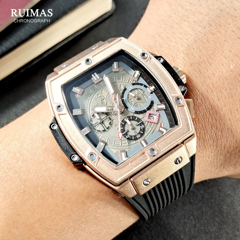 

RUIMAS Tonneau Dial Chronograph Quartz Watches for Men Fashion Sport Waterproof Wristwatch with Silicone Strap Date 24-hour 333