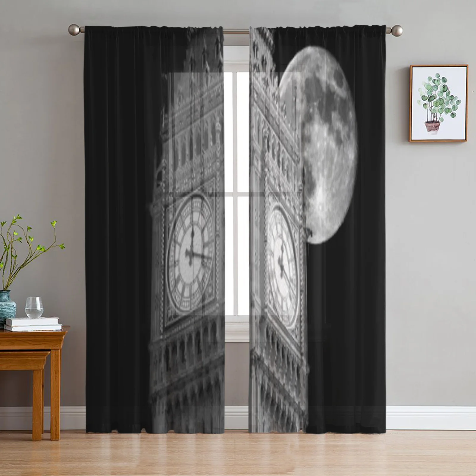 

Черно-белые тюлевые прозрачные шторы Биг-Бен на большой Луне для гостиной, кухни, декоративные занавески из органзы