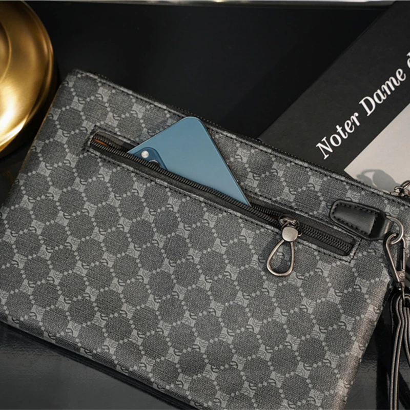 Fashionable Plaid Print Clutch for Men: Luxury PU Leather Business Envelope Bag