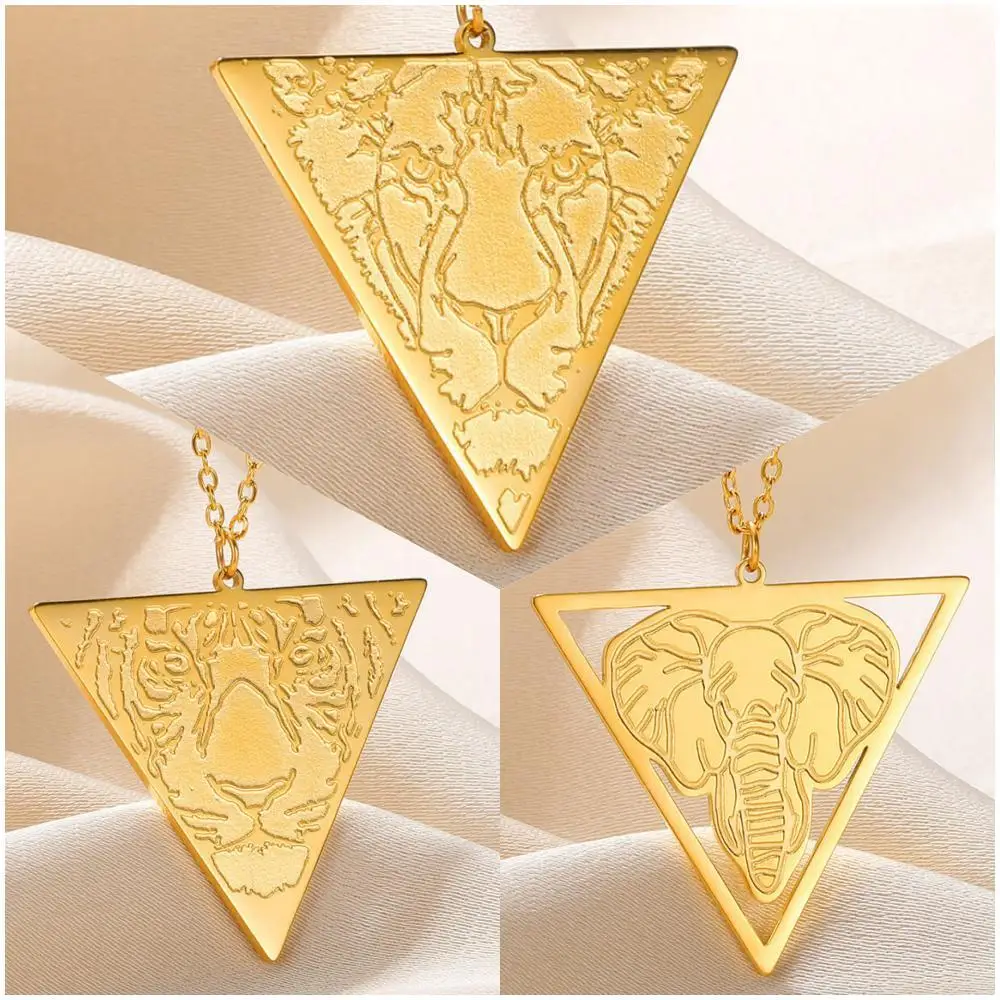 

Gold Color Stainless Steel Animal Necklace For Women Men Geometric Pendant Chains Lion Tiger Elephant Jewelry Accessories
