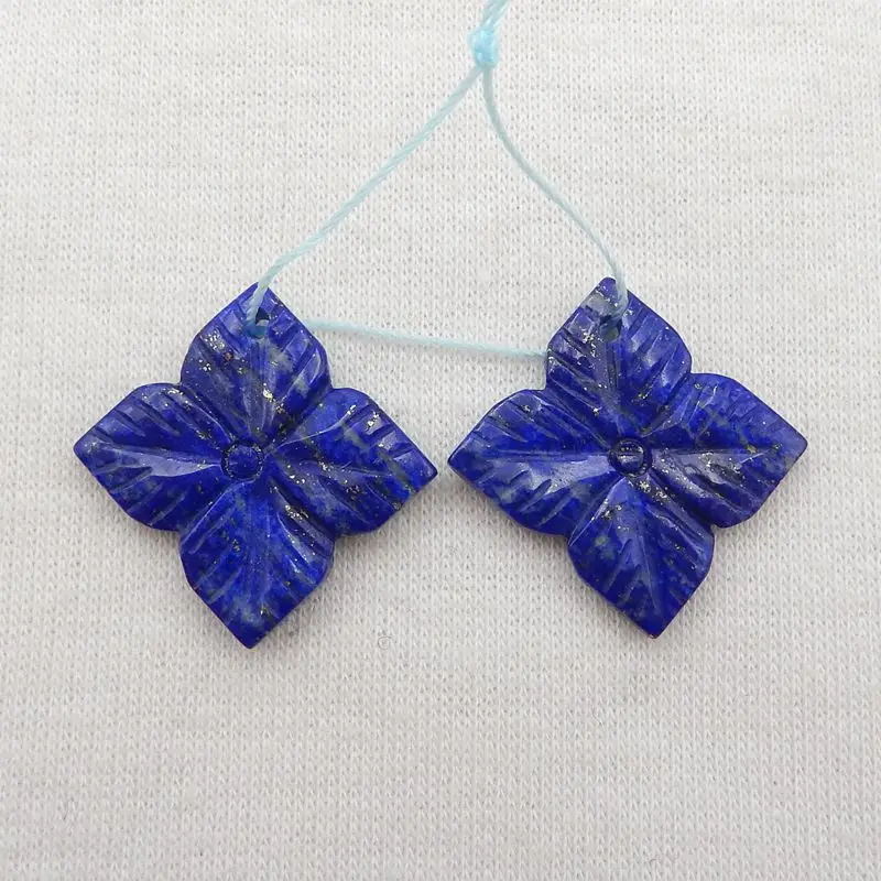 

New Natural Stone Lapis Lazuli Carved Flowers Handmade Earring Fashion DIY Jewelry Making For Women Gifts 24x23x3mm 3g