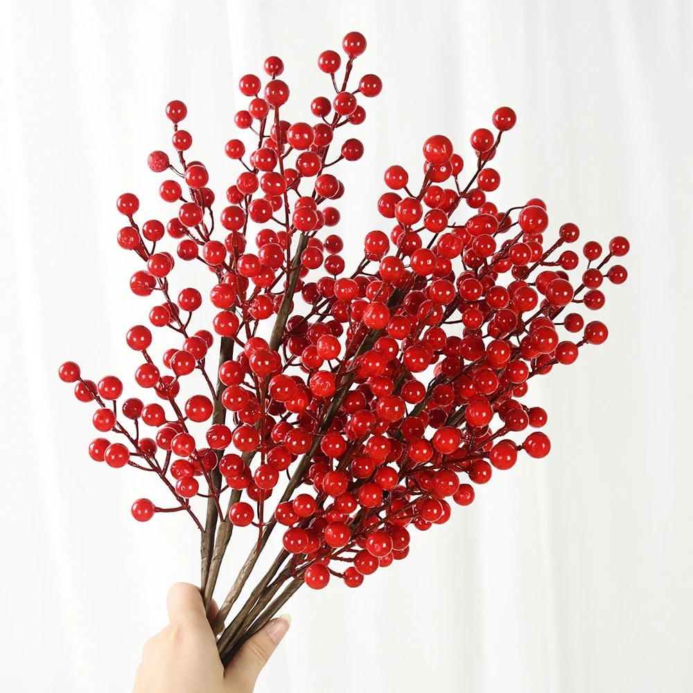 

1/2pcs Red Christmas Berry Branch Artificial Stamens Flowers Bouquets Foam Fruit Berries For New Year Xmas Home Decoration Gifts