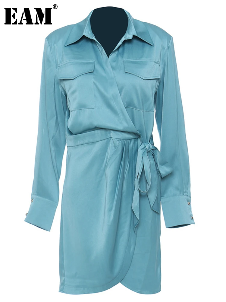 

[EAM] Women Blue Pleated Satin Bandage Shirt Dress New Lapel Long Sleeve Loose Fit Fashion Tide Spring Autumn 2022 1DE2309