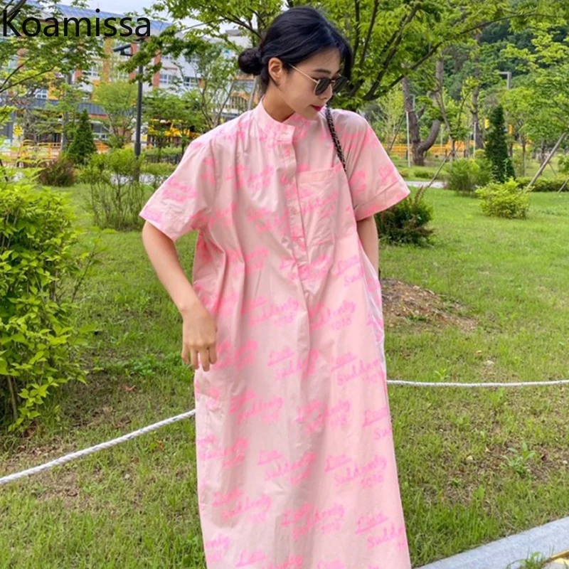 Koamissa Sweet Women Straight Maxi Shirt Dress Short Sleeves Stand Collar Chic Korean Dresses Summer Dropshipping Vestidos 2022
