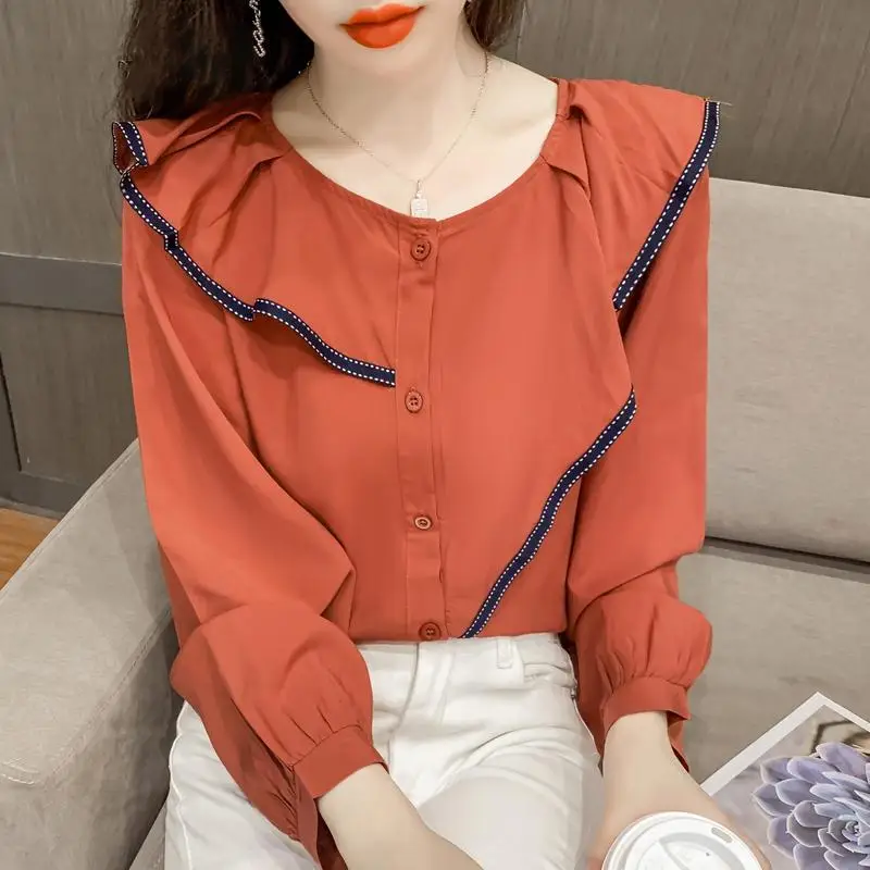 Модная шифоновая рубашка с круглым вырезом и пуговицами оборками женская одежда