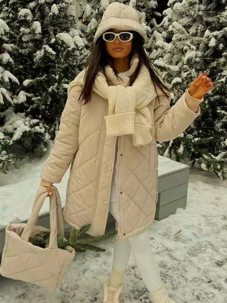 Women's Jacket Loose Padded Long Lingge 2022 Winter Casual Turn Down Collar Overcoat With Bags Office Lady Outwear Woman Clothes