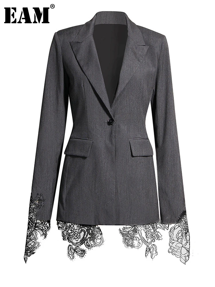 

[EAM] Women Gray Lace Hem Elegant Pockets Blazer New Lapel Long Sleeve Loose Fit Jacket Fashion Tide Spring Autumn 2023 1DF5276
