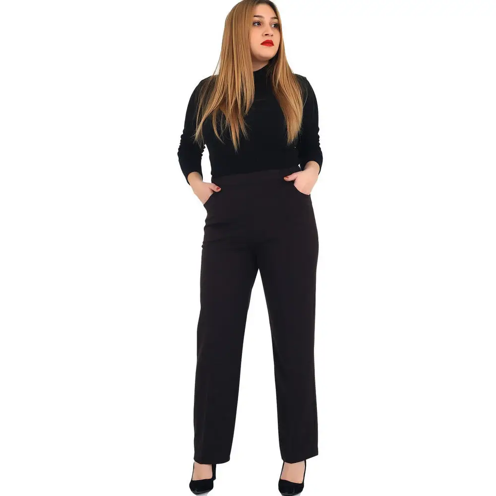 Fvido women large size trousers CcHisar fabric high elastic waist flat leg pocket black brown navy blue mink