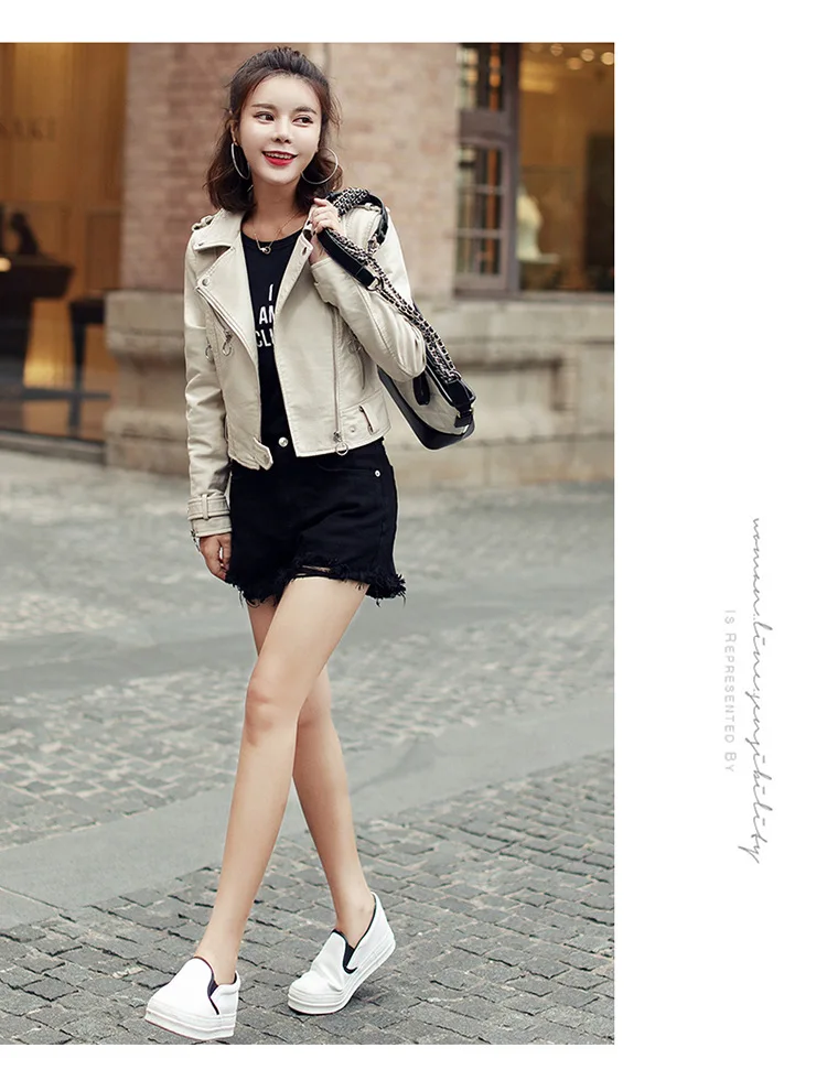 Ring zipper lapel leather coat 2023 women's short leather jacket showing thin coat