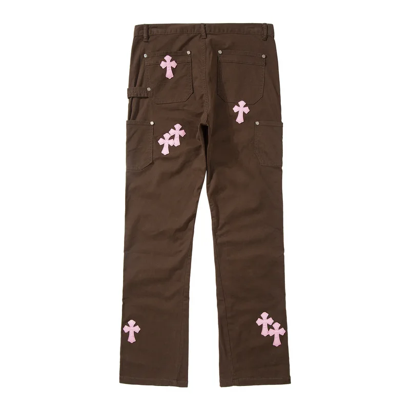 Cross Patch Embroidery Denim Pants Mens High Street Casual Jeans Streetwear Straight-leg Pants Trousers Men