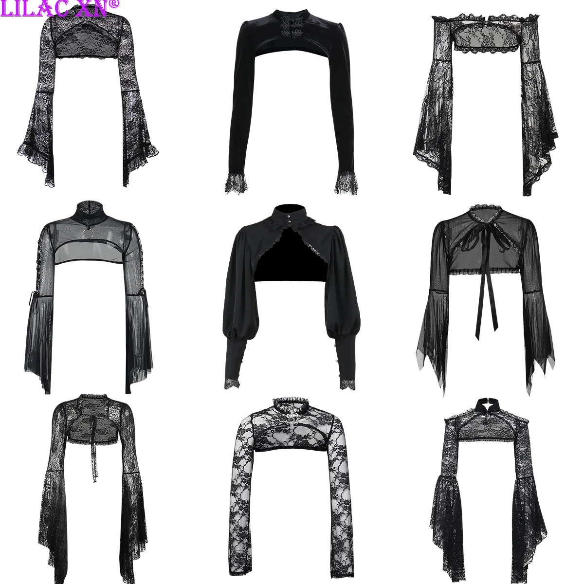 Gothic Sexy Spitze Mesh Ausgestellt Langarm Kittel Y2K Vintage Schwarz Durchsichtig Vertuschungen T-Shirts Grunge Sommer Frauen Streetwear