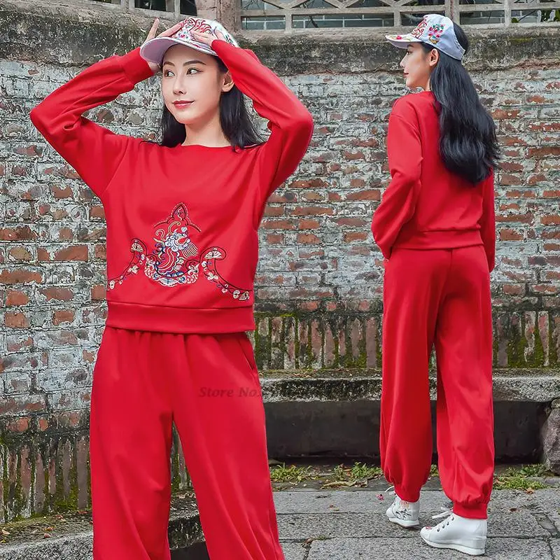 

2023 chinese modern clothes set national flower embroidery casual loose sweatsuit two piece set street wear oriental tracksuit