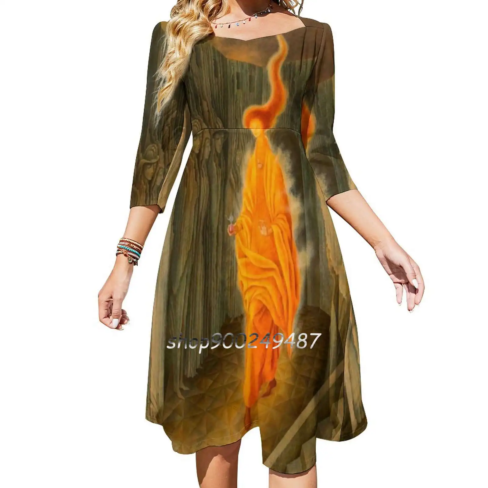 

The Call , By Remedios Varo Sweetheart Knot Flared Dress Fashion Design Large Size Loose Dress Surrealism Symbolic Fire Flames