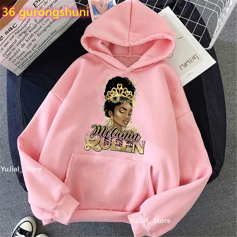

Glitter Melanin Queen Crown Graphic Print Cap Hoodies Women Winter/Spring/Autumn Sweatshirt Femme Black Girls Magic Tracksuit