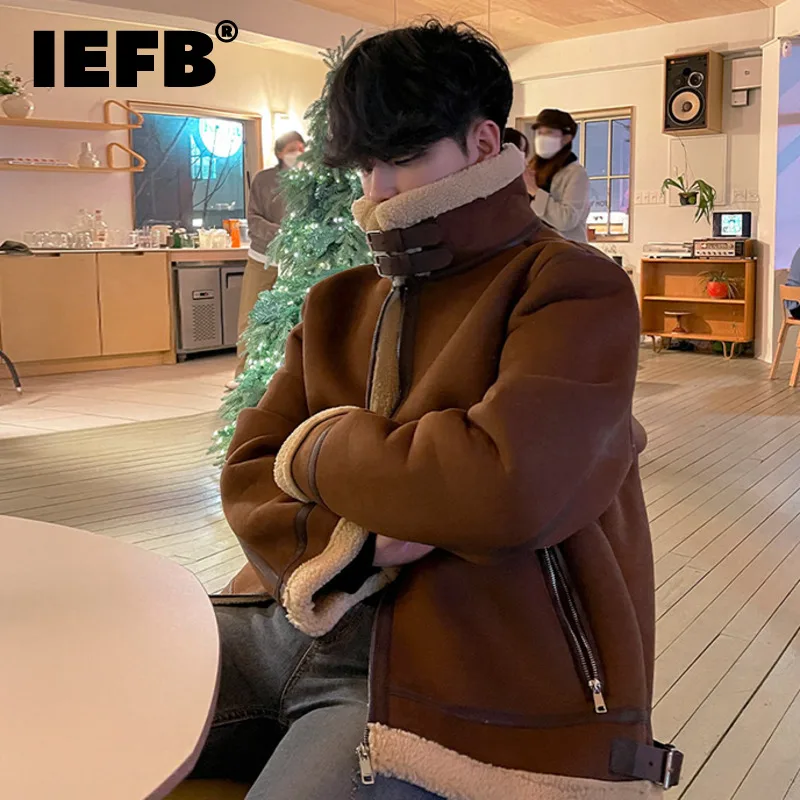 IEFB Lamb Men's Wool Cotton Coat Winter Korean Fashion Loose Fur Stand Collar Suede Thickened 2022 Contrast Color Male Tops