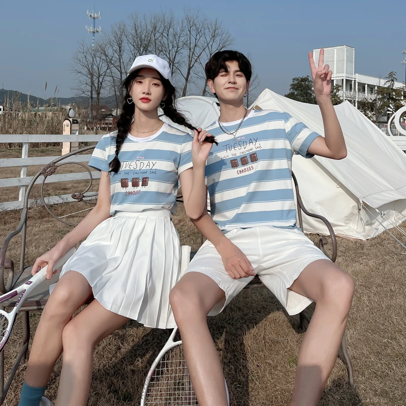 If you love him, this summer exclusive couple Suit Blue Stripe T-shirt shorts men's and women's pleated skirt professional suit