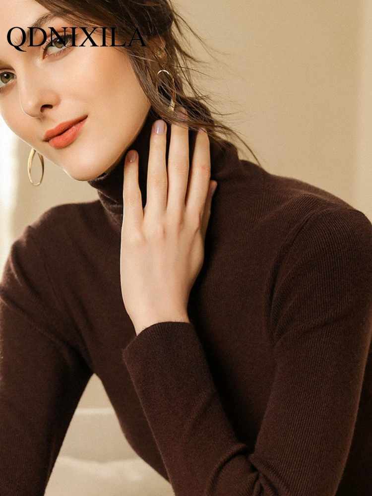 

Korean Version of 2023 Autumn Winter Pile Collar Slim High Collar Thick Knitted Sweater Solid Color Sweater Women Sweater