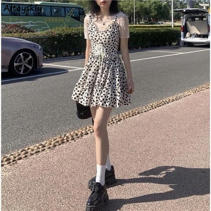 

Women Sets T-shirts Summer Lace Dresses Sleeveless Empire Sweet Print Cute Elegant Preppy Fashion Korean Casual Mini Shirring