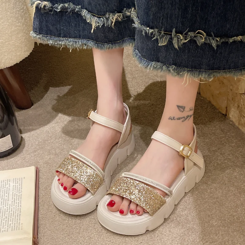 

2023 Brand Shoes for Women Sequins Women's Sandals High Quality Sweet Women's Shoes Buckle Shoes Female Platform Sandals