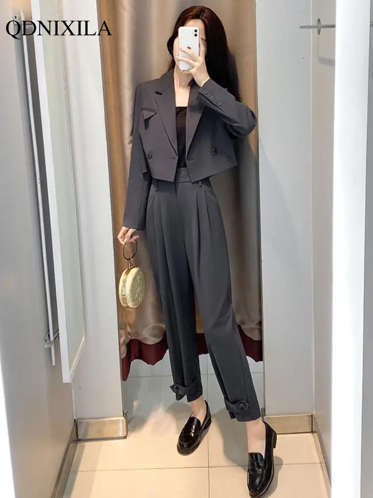 2023 Spring New Casual Fashion Blazer 2 Pieces Luxury Elegant Temperament Short Jacket and Trousers Plus Size Matching Sets