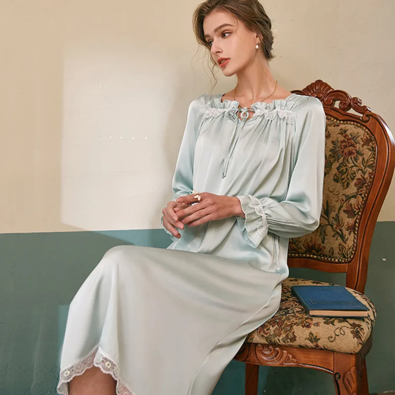 Nightgown Women Satin Silk Long Sleeve Sleepwear Palace Style Sleepdress Loungewear Kimono New Home Dressing Gown Sexy Nightwear