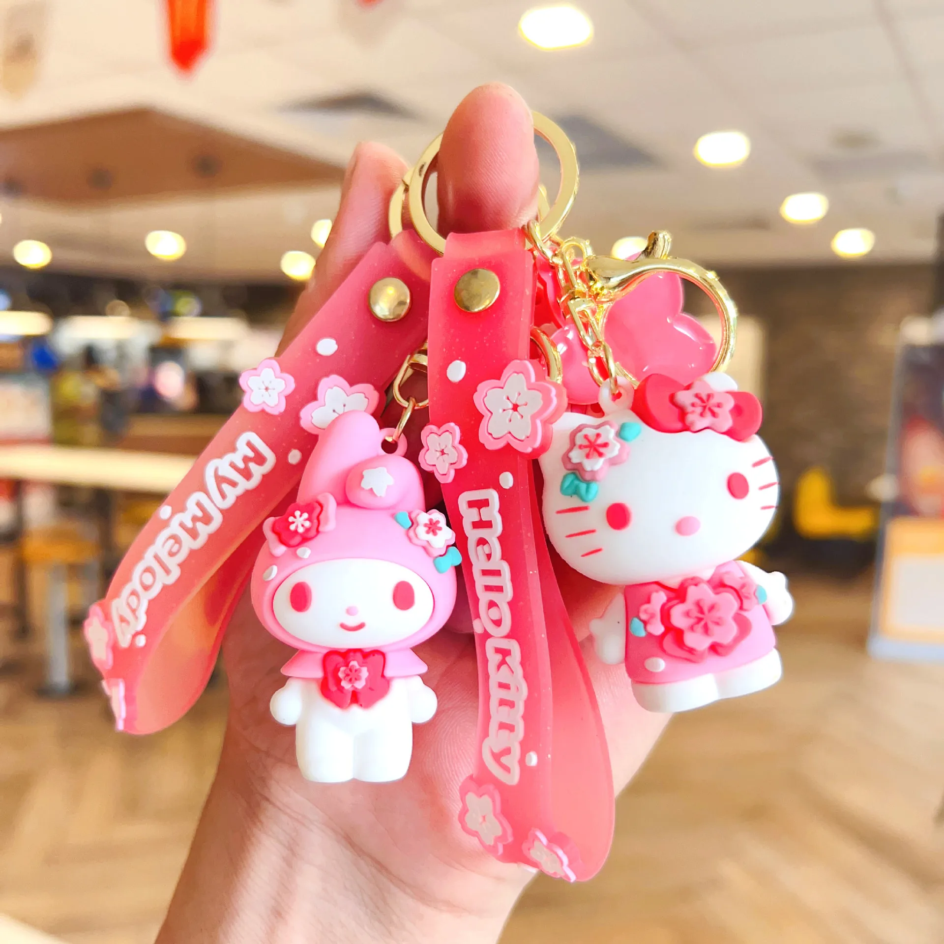 

Sanrio Hello Kitty Kuromi Cinnamoroll Keychain Cute Cartoon Pink Cherry Blossoms Keyring Bag Pendant Creative Bag Accessories