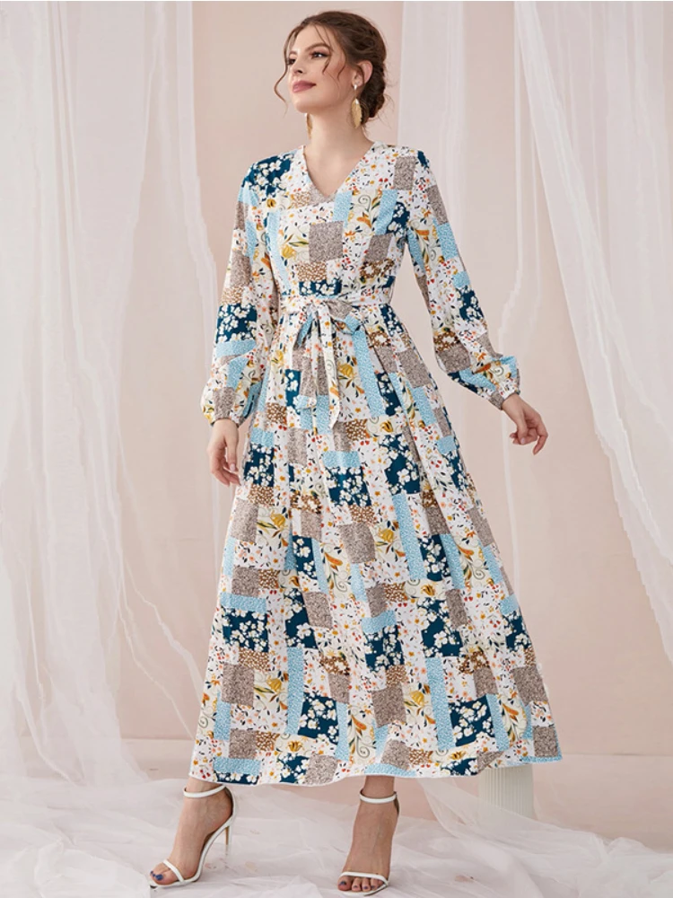 

Women Casual Elegant Maxi Dresses 2023 New Spring Autumn Long Sleeve Belted Floral Print Boho Turkish Evening Party Robe Vestido