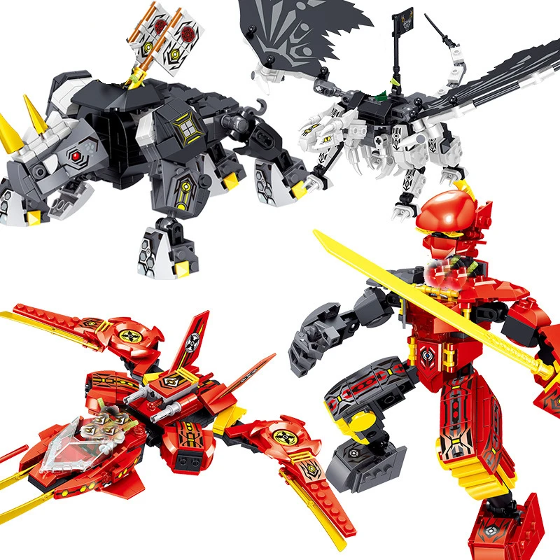 

974 Pcs 4 Sets My Worlds Ninja Dinosaur Pterosaur Building Blocks Knights Hero Combine Bricks Toys For Children Gift