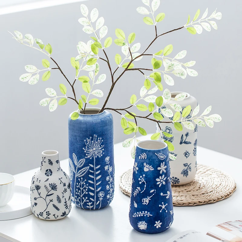 

Ceramic Vase Nordic Creative Vases Geometric Shape Flowers Arrangement Living Room Decoration Print Blue Flower Pot Home Decor