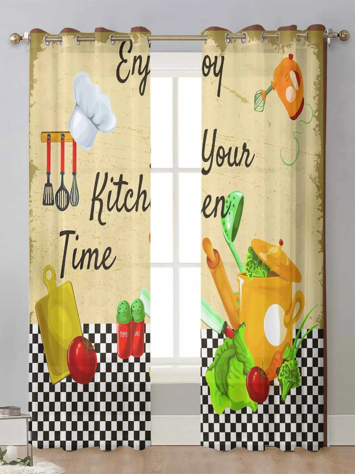 

Kitchen Vegetables Chef Hat Plaid Sheer Curtains For Living Room Window Voile Tulle Curtain Cortinas Drapes Home Decor
