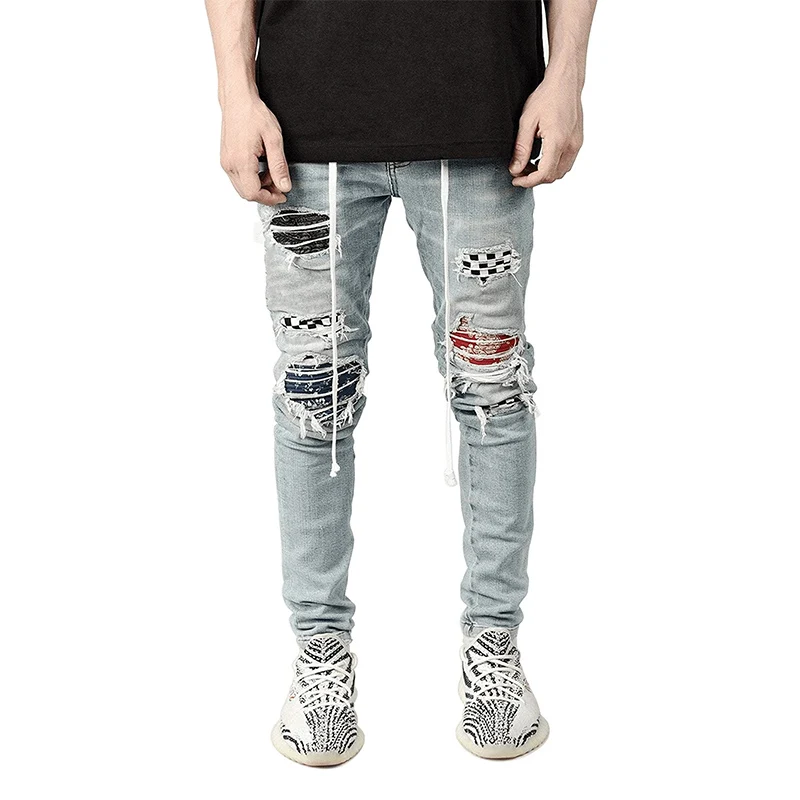 Men's Skinny Ripped Jeans Fashion Grid Beggar Patches Slim Fit Stretch Casual Denim Pencil Pants Painting Jogging Trousers Men